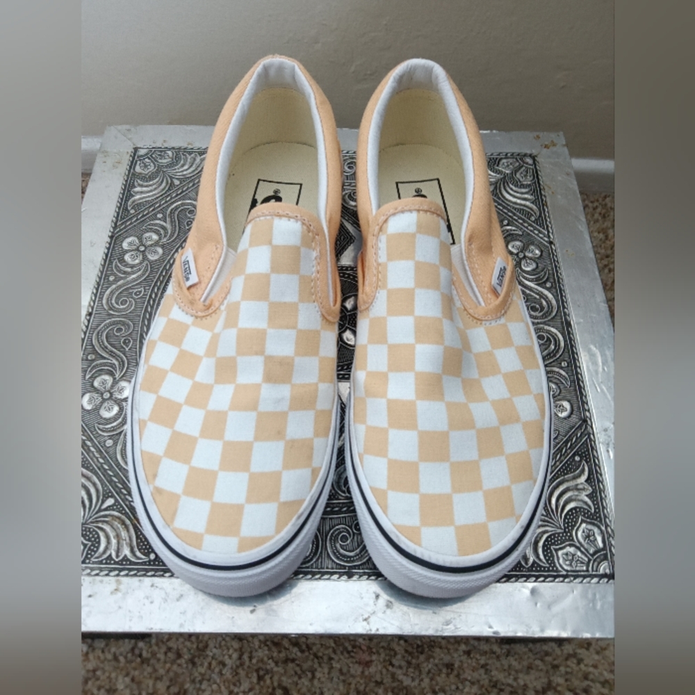 Vans Beige Checkered Slip Ons
